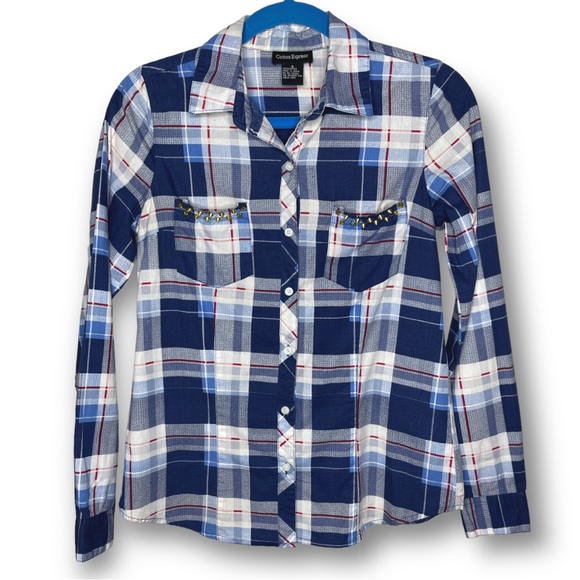 Cotton Express Size S Blue White Plaid Gold Spike Western Rodeo Edgy Button Up - Picture 1 of 9
